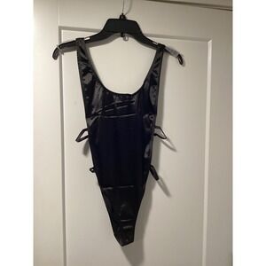 Motel Rocks Black Satin High-Cut Bodysuit
